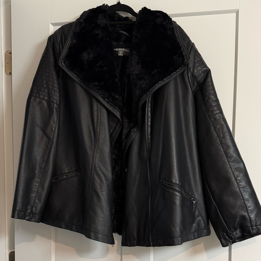 Roz & Ali Black Faux Fur-Trim Leather Jacket